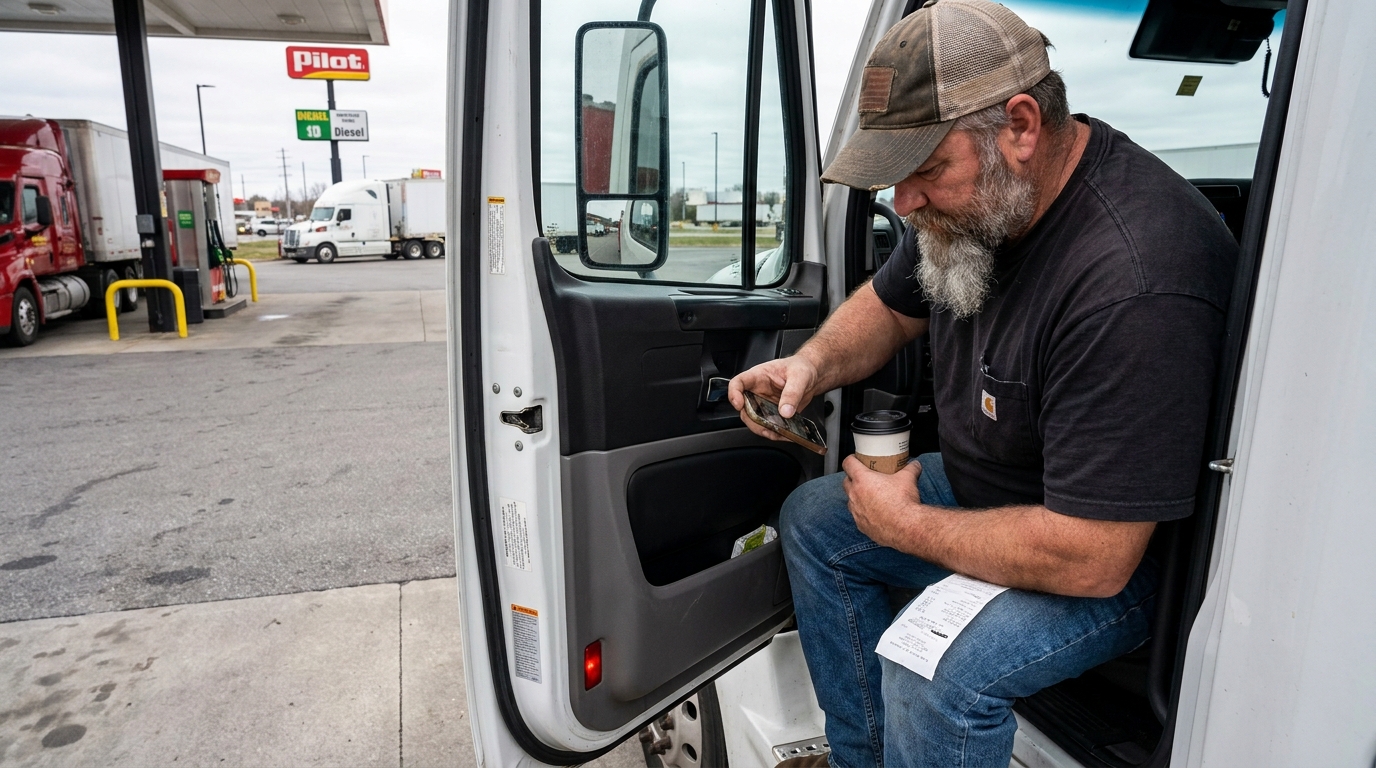 A trucker photographing a fuel receipt from inside the cab