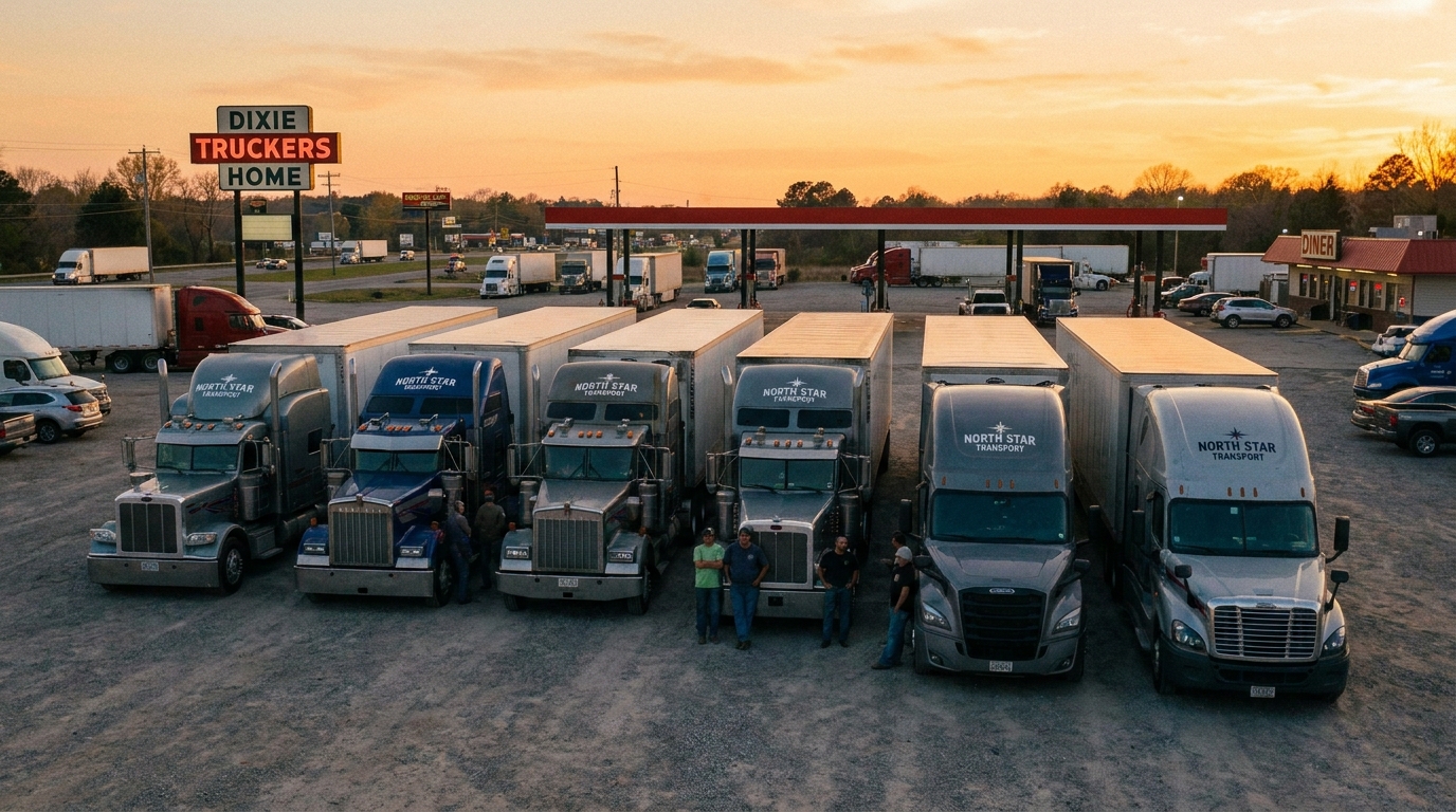 A small trucking fleet parked at a truck stop