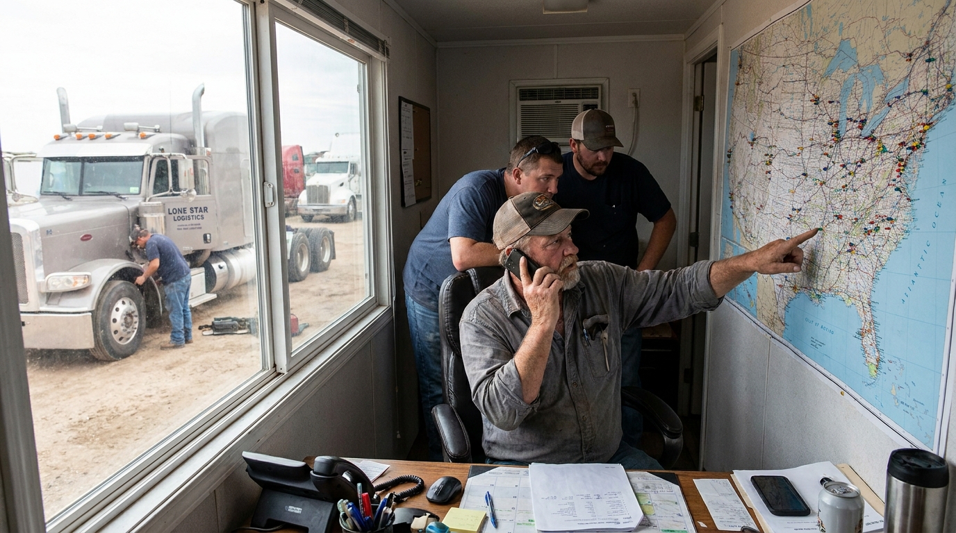Owner operator managing his truck fleet from a truck stop office