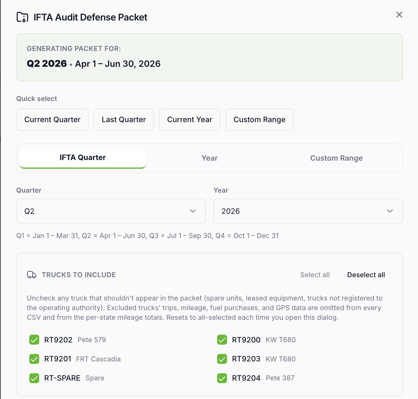 IFTA audit defense packet generation: quarter selector with per-truck inclusion list
