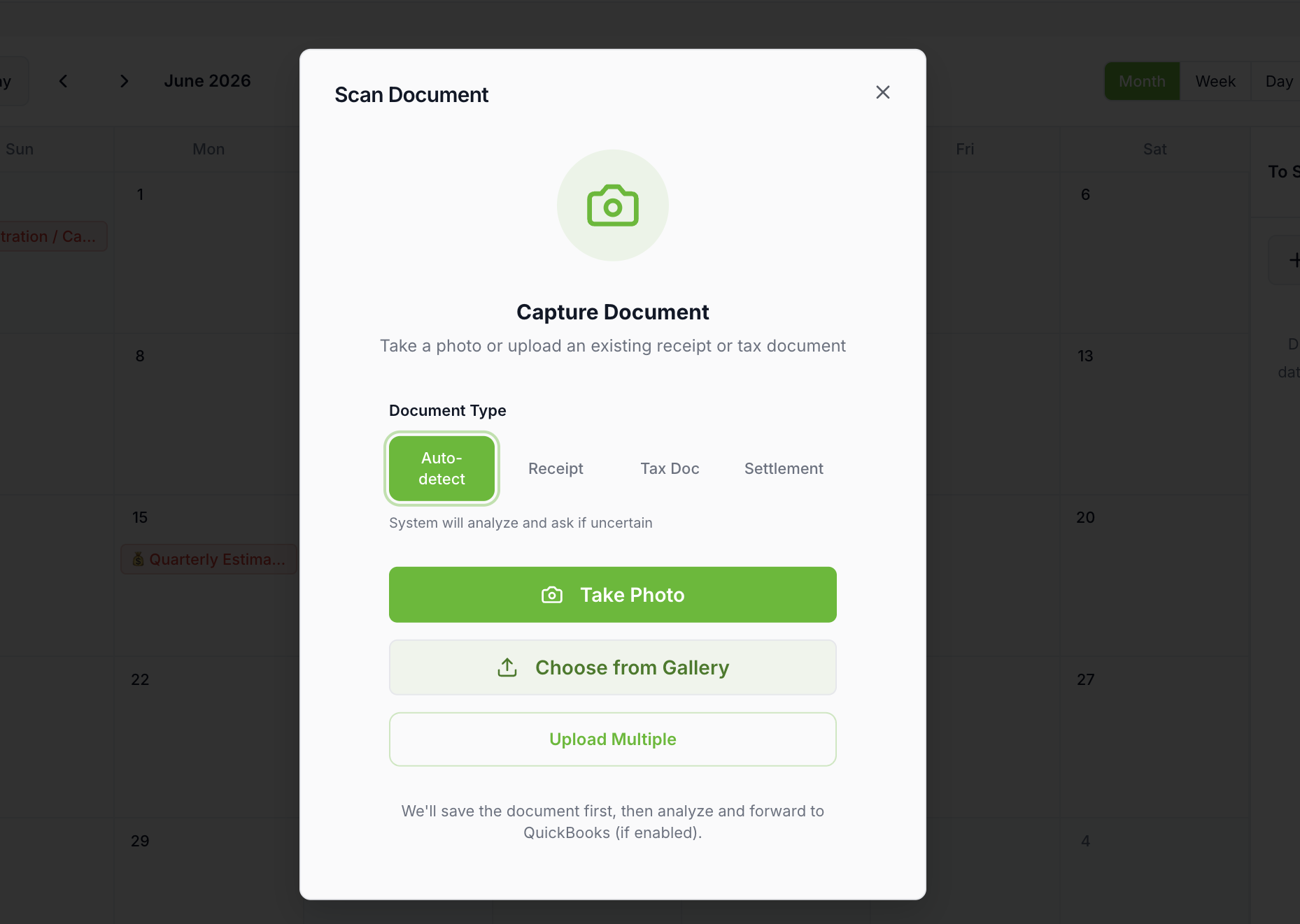 Scan Document capture modal: photo or upload a receipt, tax doc, or settlement